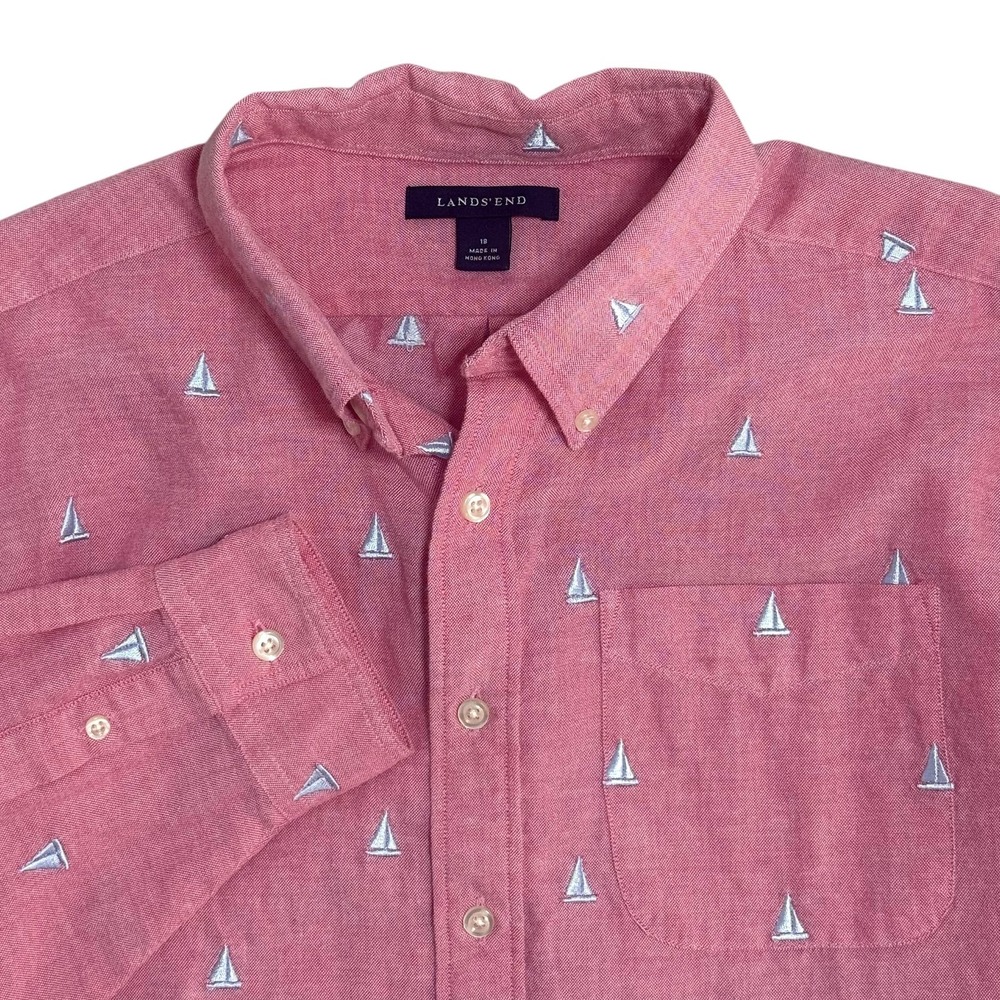 Lands' End Shirt Boys 10 Pink Sailboat Print Button Down Long Sleeve Cotton